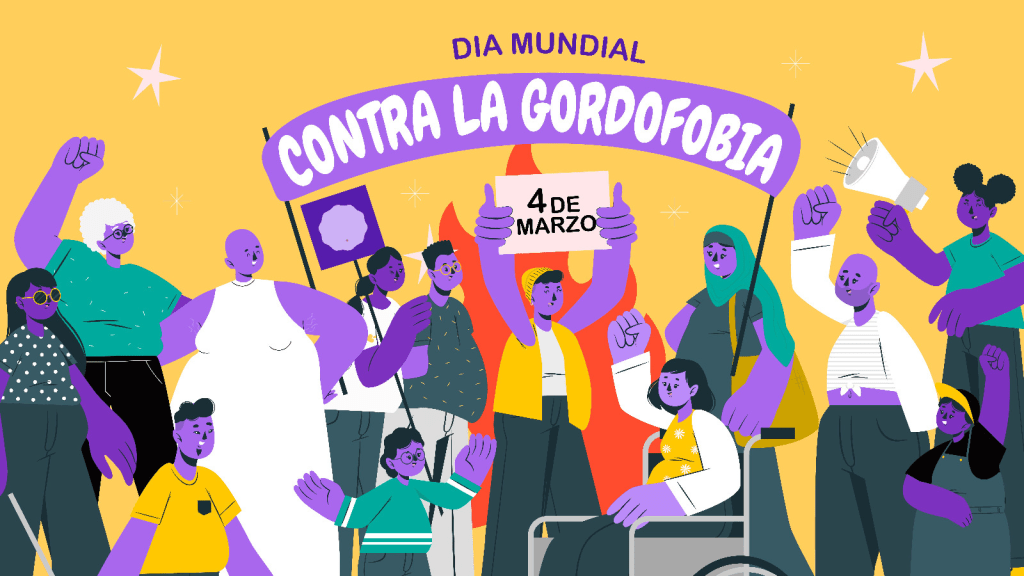 Un grupo diverso de personas dibujadas en color morado dice Dia Mundial Contra La Gordofobia